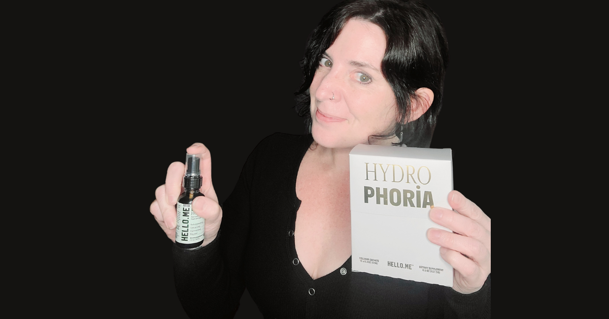 woman holding a box of hydrophoria collagen and probiotics ana bottle bye bye hot flashes for menopause relief