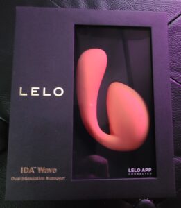 LELO Ida Wave dual motor vibrator in it's black box with gold lettering
